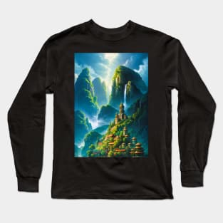 Waterfall Over a Lovely Fantasy Village Long Sleeve T-Shirt